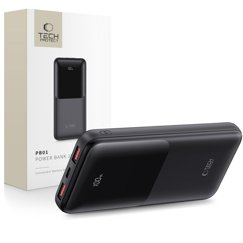 Tech-Protect PB01 External Battery, 10000mAh, 22.5W, QC + PD, 1 x USB-C - 2 x USB-A, Black