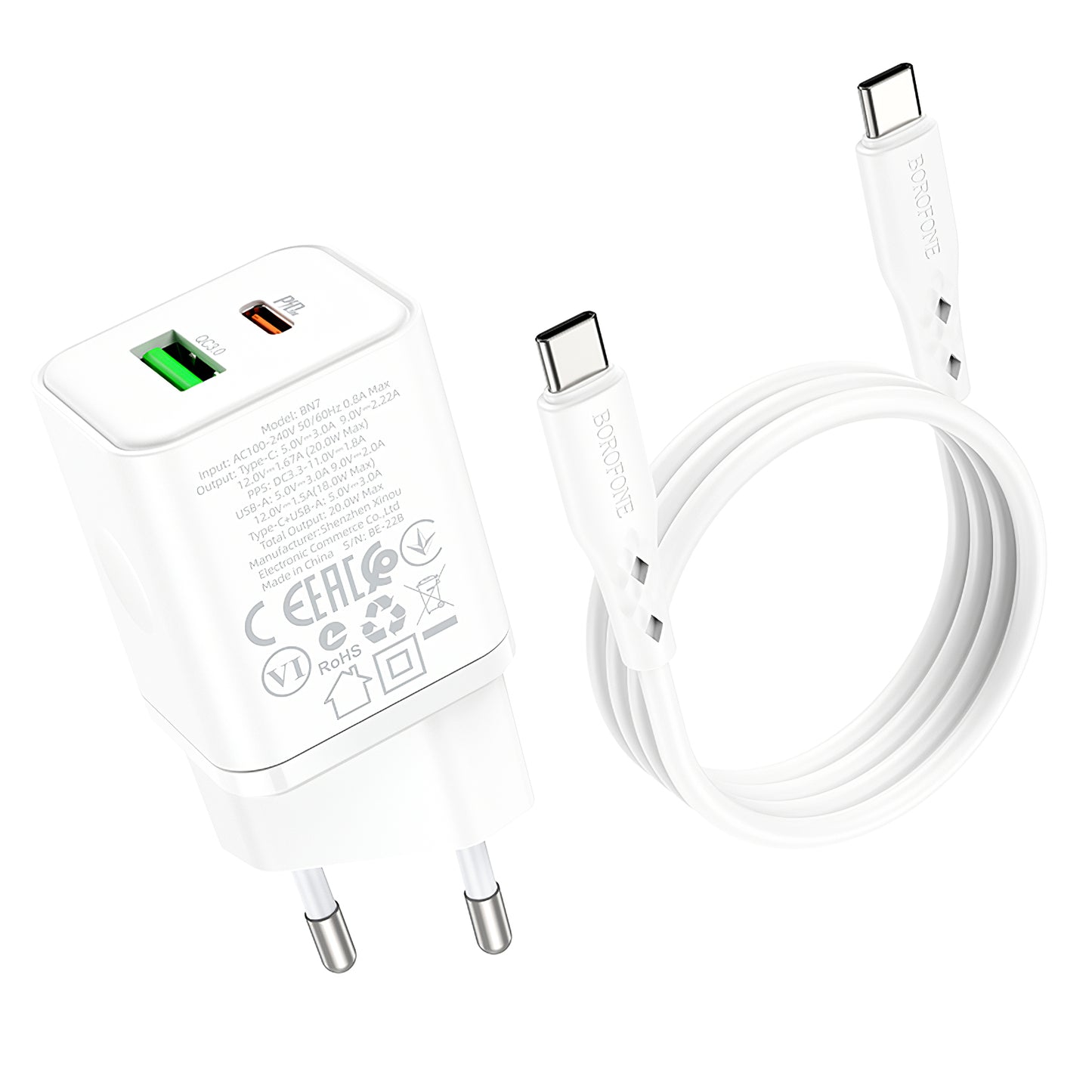 Network Charger with USB-C Cable Borofone BN7, 20W, 3A, 1 x USB-A - 1 x USB-C, White 