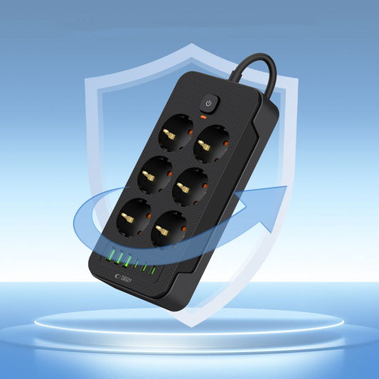 Network charger Tech-Protect PC6X6, 3 x USB-A - 3 x USB-C - 6 x Schuko, Black 